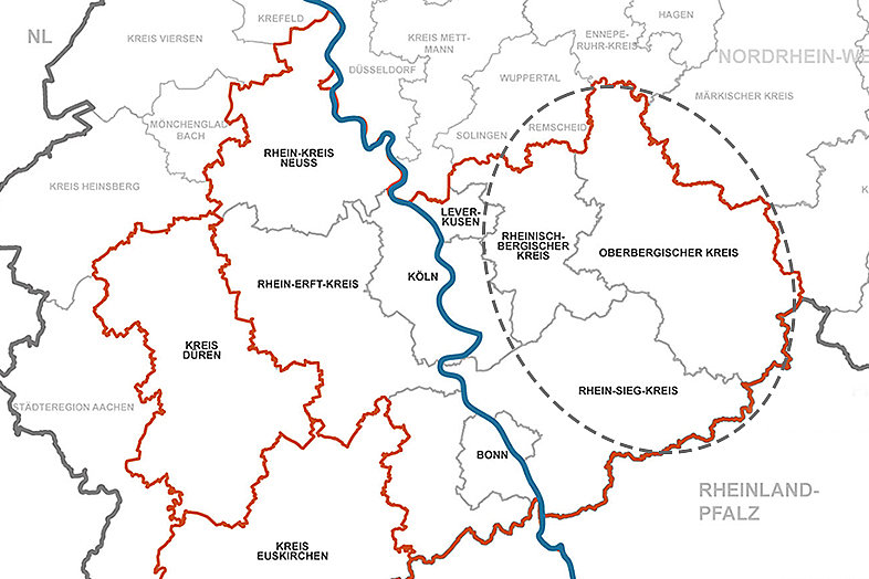 Karte der Region Köln/Bonn auf der das Bergische RheinLand eingegrenzt ist