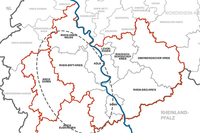 Karte der Region Köln/Bonn auf der die Ville- und Bördelandschaft und das Rheinische Revier ist