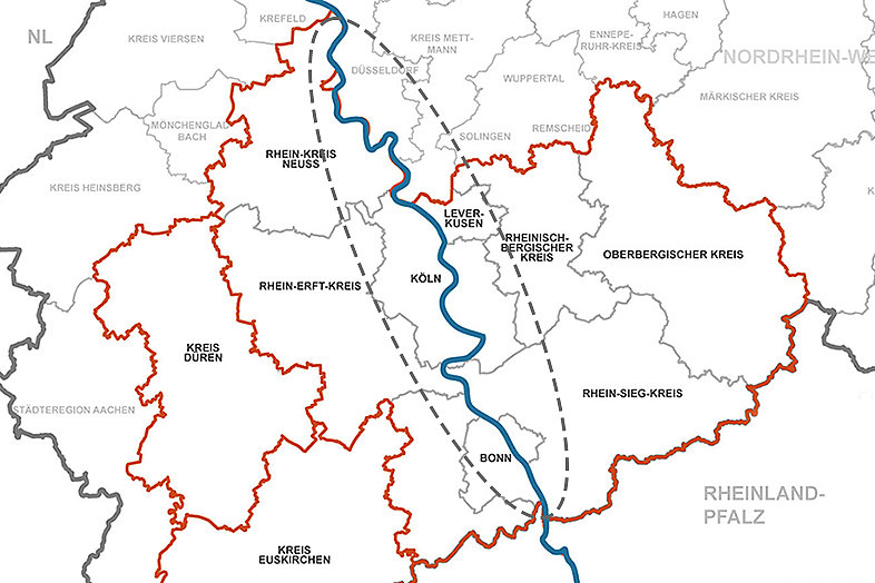 Karte der Region Köln/Bonn auf der die Rheinschiene eingegrenzt ist