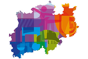 Logo der Regionalen Kulturpolitik NRW: die Umrisse von NRW bunt eingefärbt und gemustert